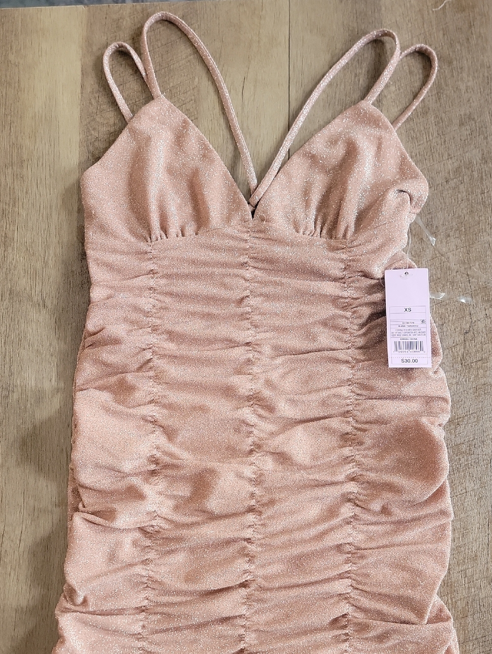 wild fable Shimmer Ruched V-Neck Mini Dress in Blush Pink